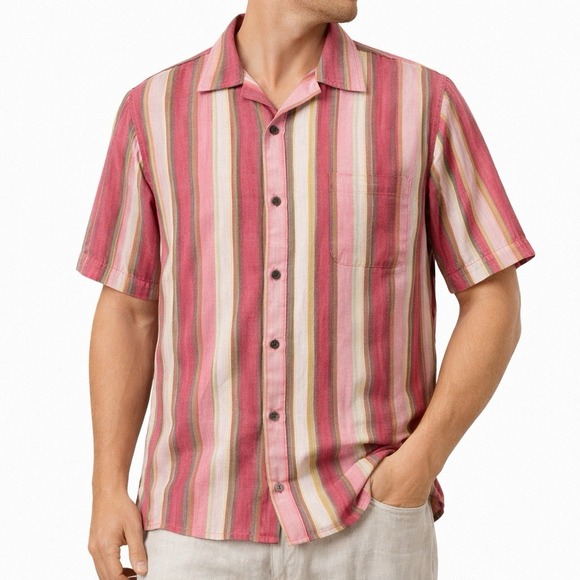 Tommy Bahama 100% Linen Shirt Men XL Pink Stripe Button Front Camp Short Sleeve - Picture 2 of 9